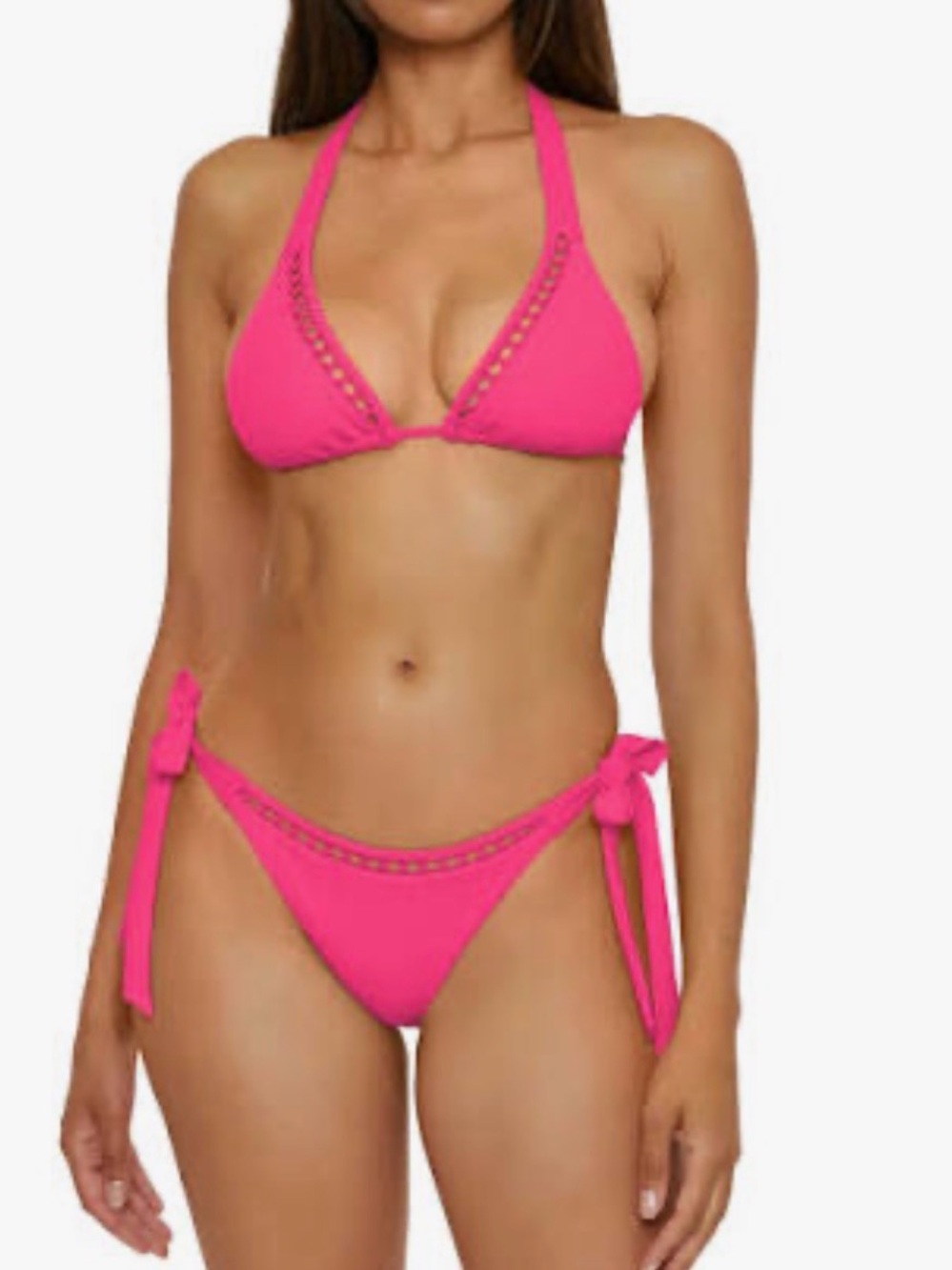 BECCA Neon Hot Pink Crochet-Trim Triangle Bikini -top and bottom - Picture 2 of 3